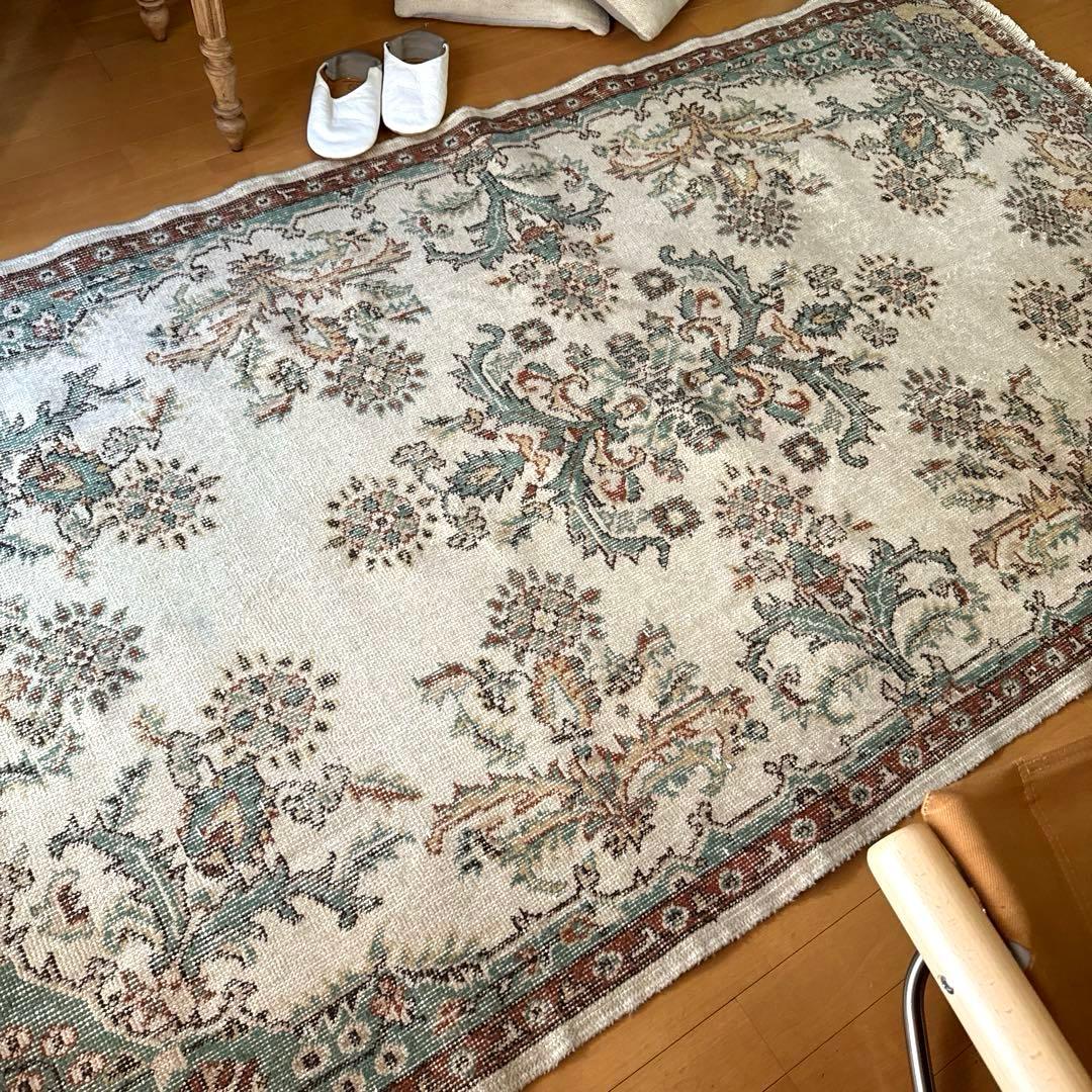 117×214 エメラルドグリーン　メダリオンボタニカル　トルコヴィンテージラグ