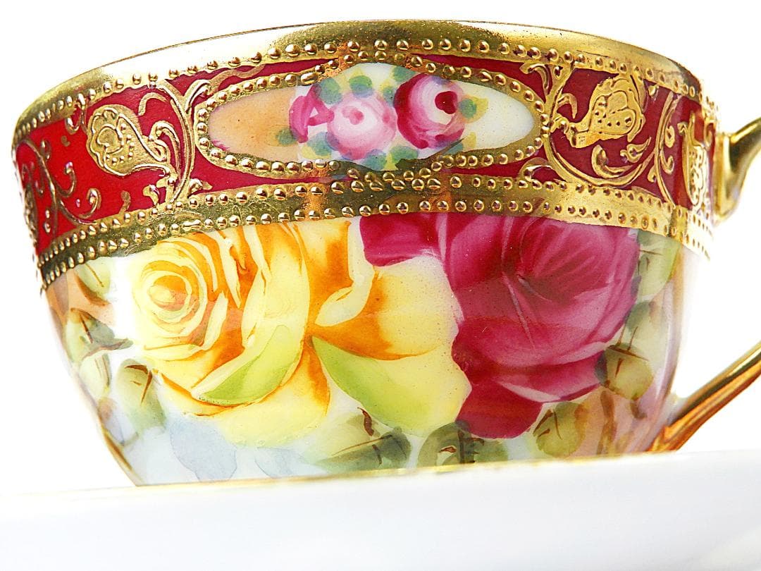 オールドノリタケ 金彩紅地 薔薇絵 カップ ソーサー アンティーク