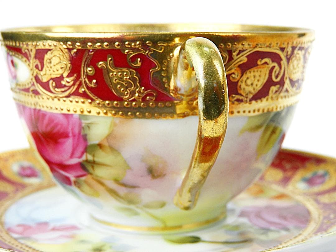 オールドノリタケ 金彩紅地 薔薇絵 カップ ソーサー アンティーク