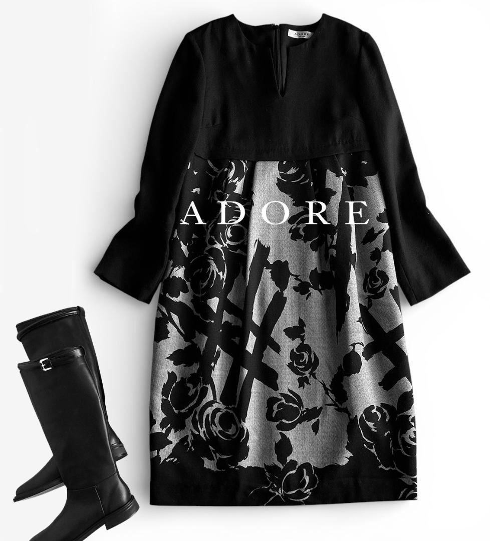 美品 アドーア 極上 落ち感ウール モノトーンボタニカルフラワー切替ワンピース