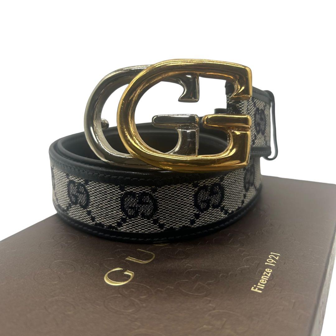 【極美品】グッチ GGキャンバス×レザー ベルト ツートーGGバックル 77cm