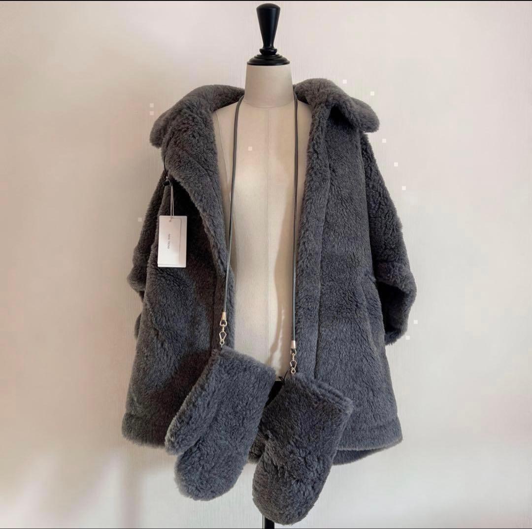 新品ベアポンチョアルパカ素材 グレー テディベア ケープとベアミトンのセット