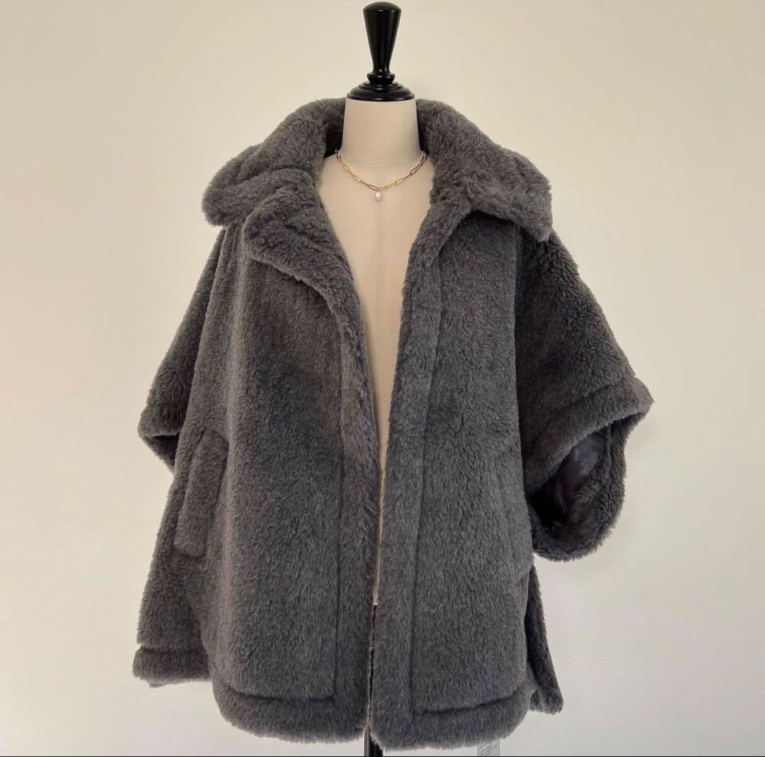 新品ベアポンチョアルパカ素材 グレー テディベア ケープとベアミトンのセット