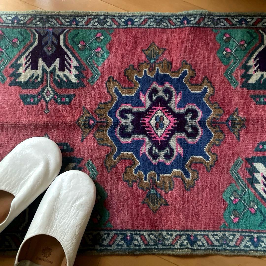 51×101 コーラルピンク　レアなウール　メダリオン　トルコヴィンテージラグ