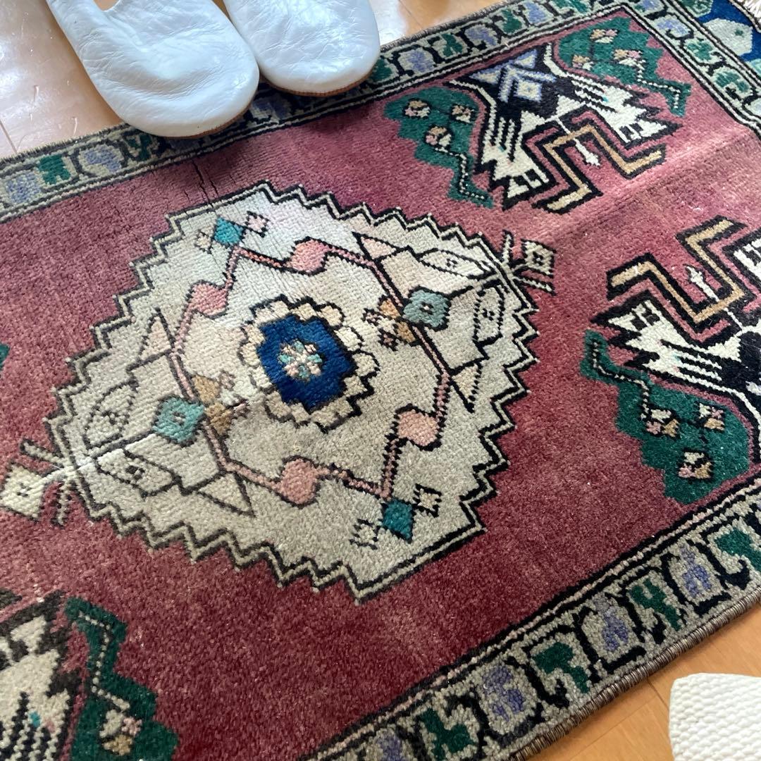 45×91 くすみグレープカラー　小さめメダリオン　トルコヴィンテージラグ