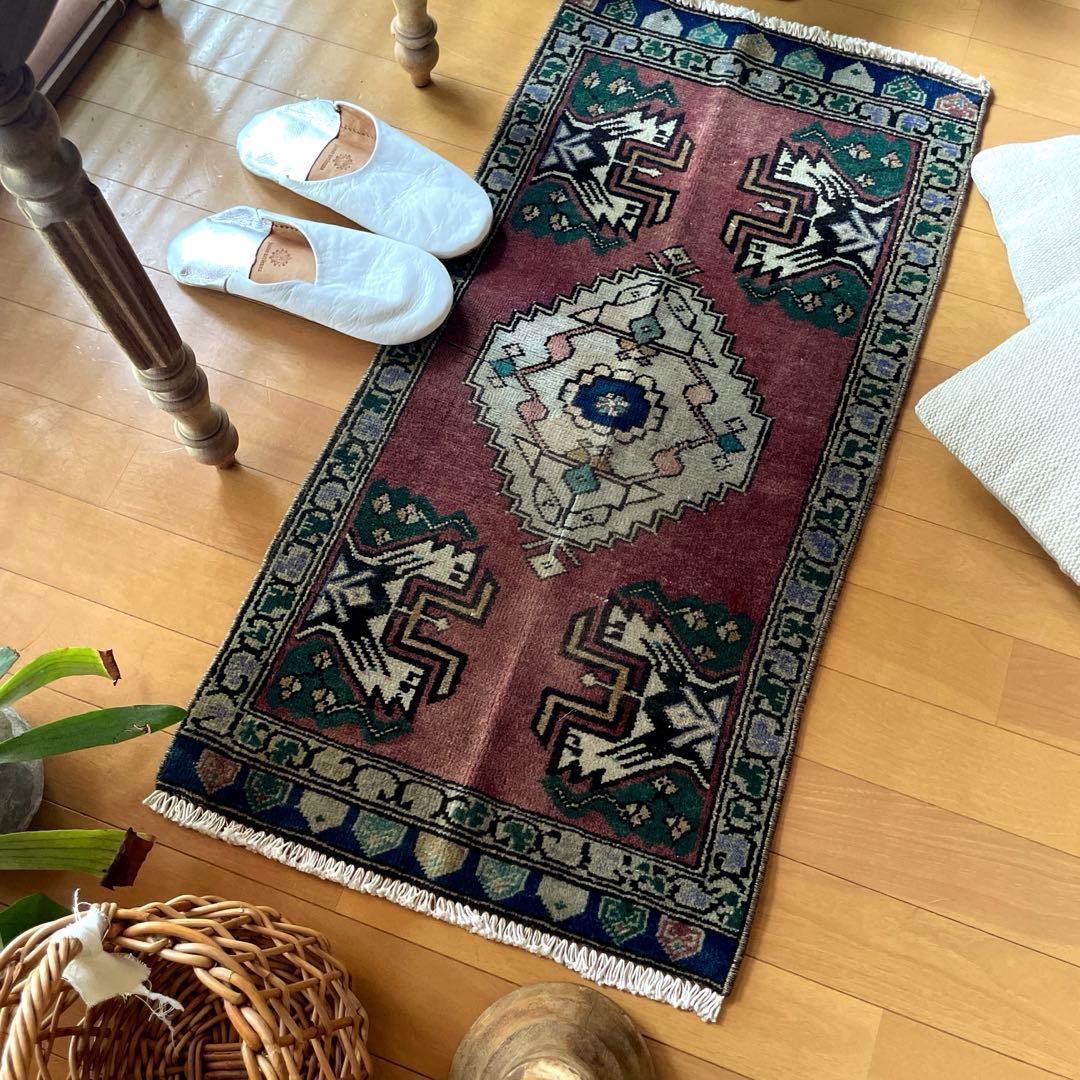 45×91 くすみグレープカラー　小さめメダリオン　トルコヴィンテージラグ