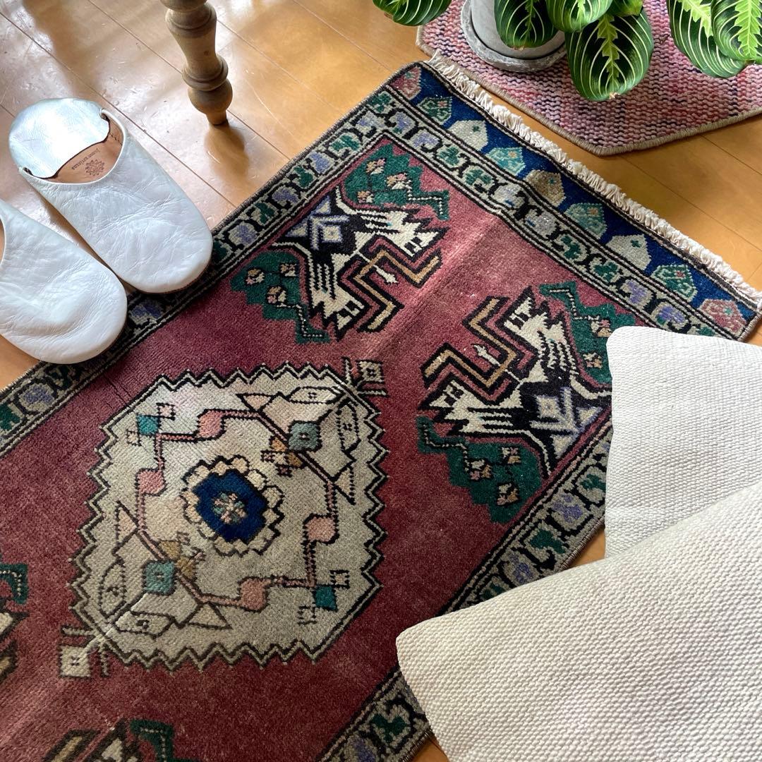 45×91 くすみグレープカラー　小さめメダリオン　トルコヴィンテージラグ