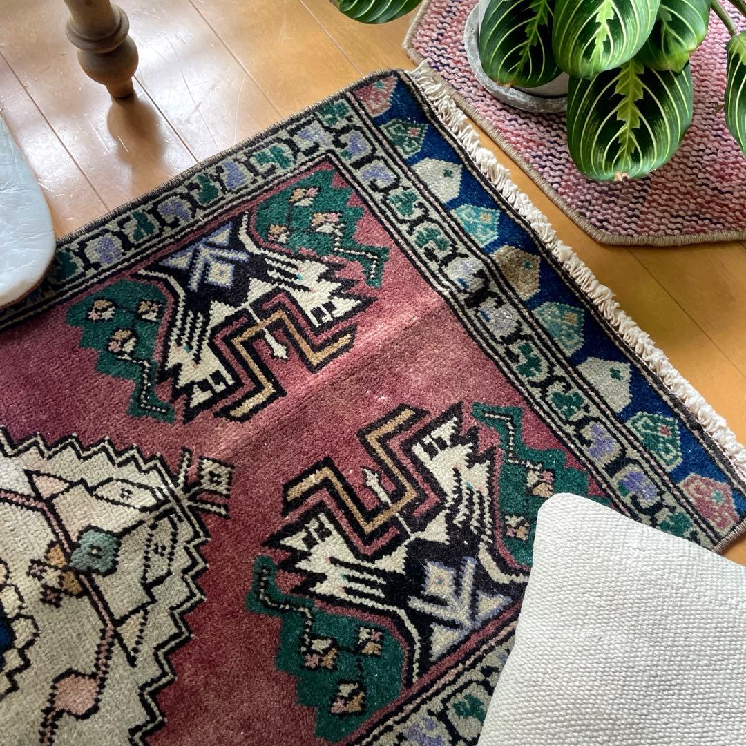 45×91 くすみグレープカラー　小さめメダリオン　トルコヴィンテージラグ