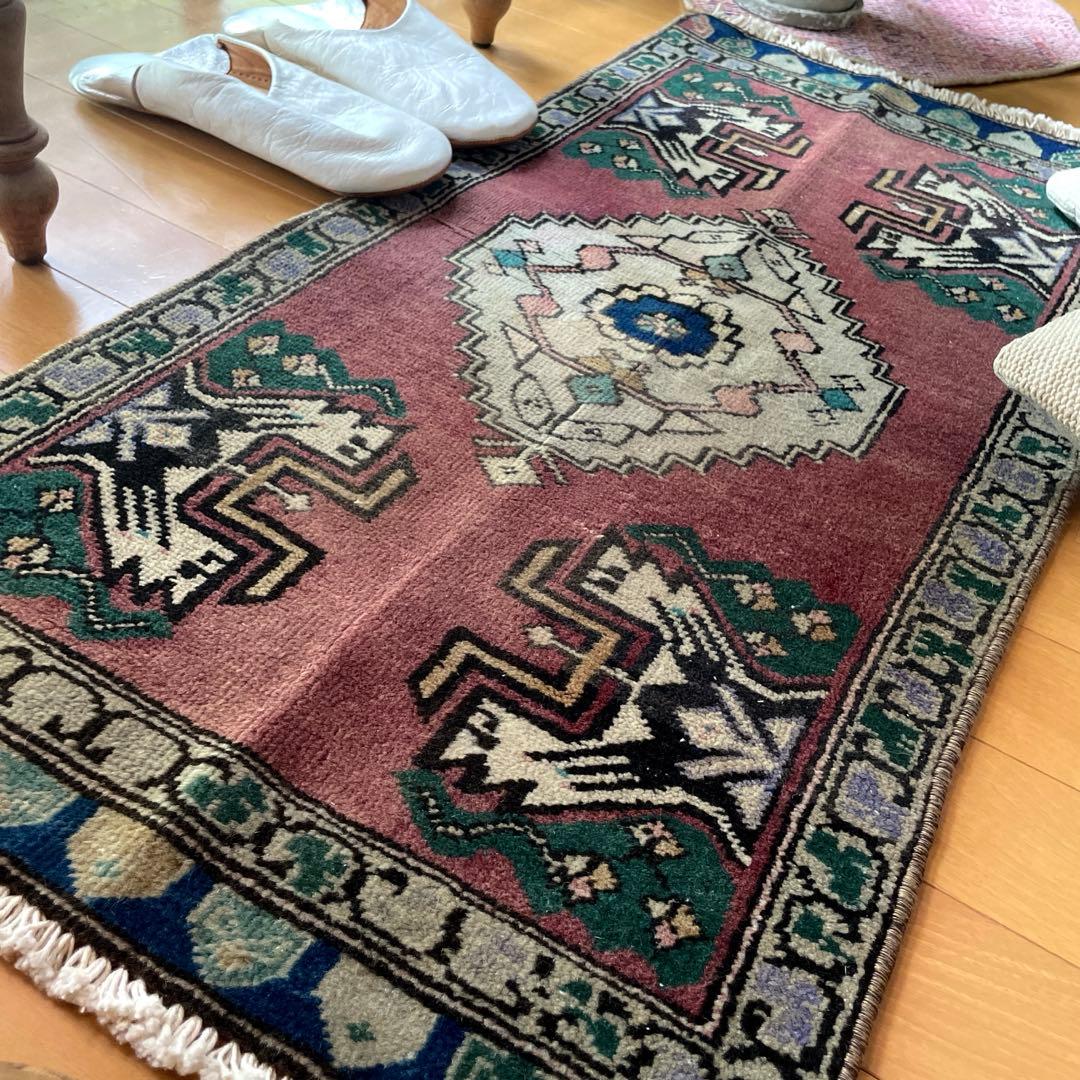 45×91 くすみグレープカラー　小さめメダリオン　トルコヴィンテージラグ