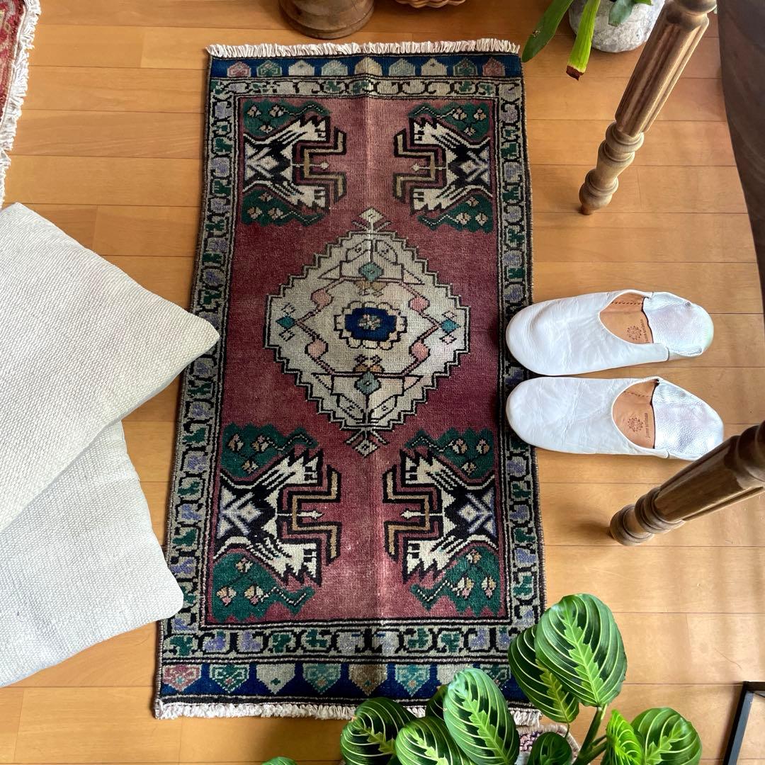 45×91 くすみグレープカラー　小さめメダリオン　トルコヴィンテージラグ