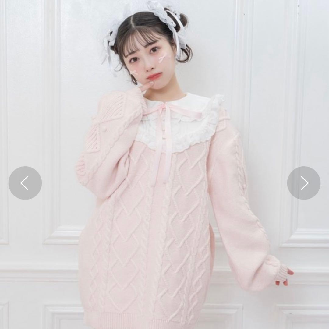 Honey Cinnamon コットンレース配色ニットワンピース ピンク