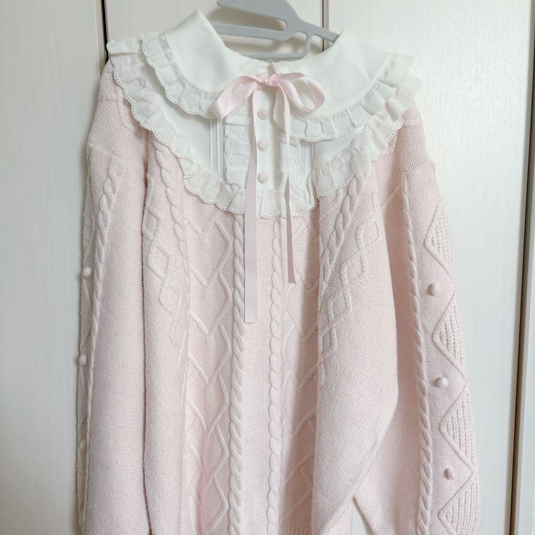 Honey Cinnamon コットンレース配色ニットワンピース ピンク