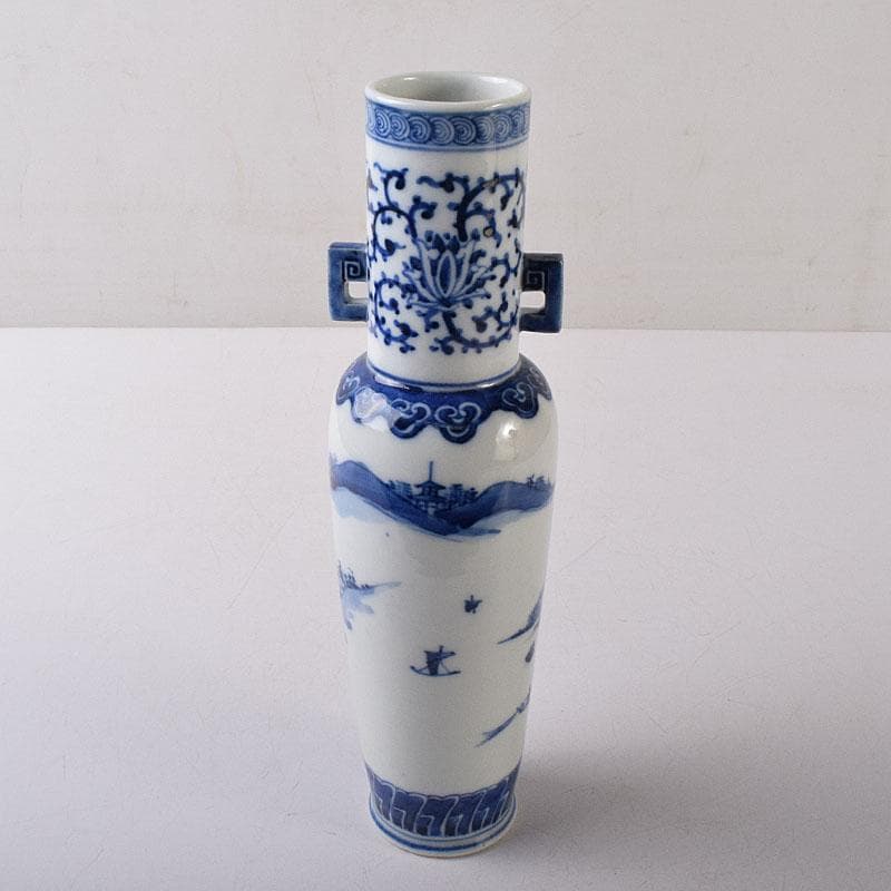 したん　中国　青花　花唐草山水文　双耳瓶　在銘　時代箱　V　R8594