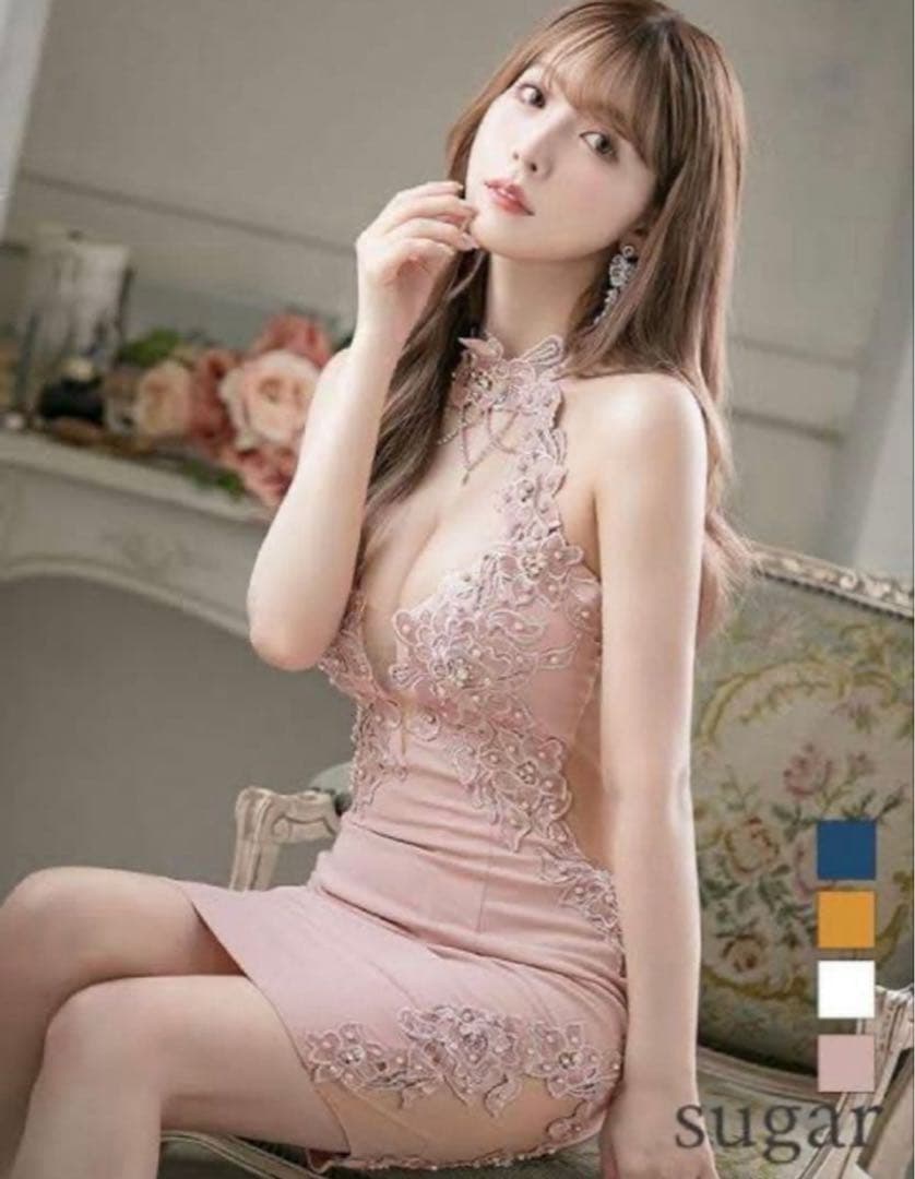 AR フラワー刺繍 パールネックレス ピンクドレス S