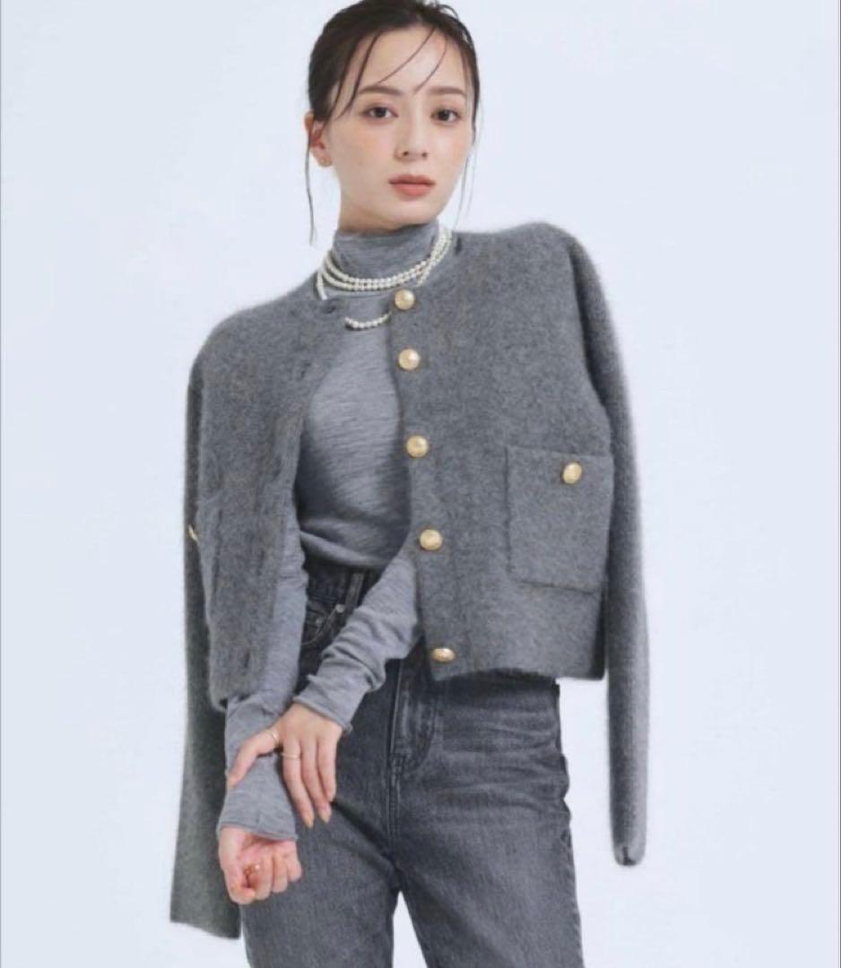 【美品】anuans ラクーンブレンドノーカラーニットジャケット GLAY