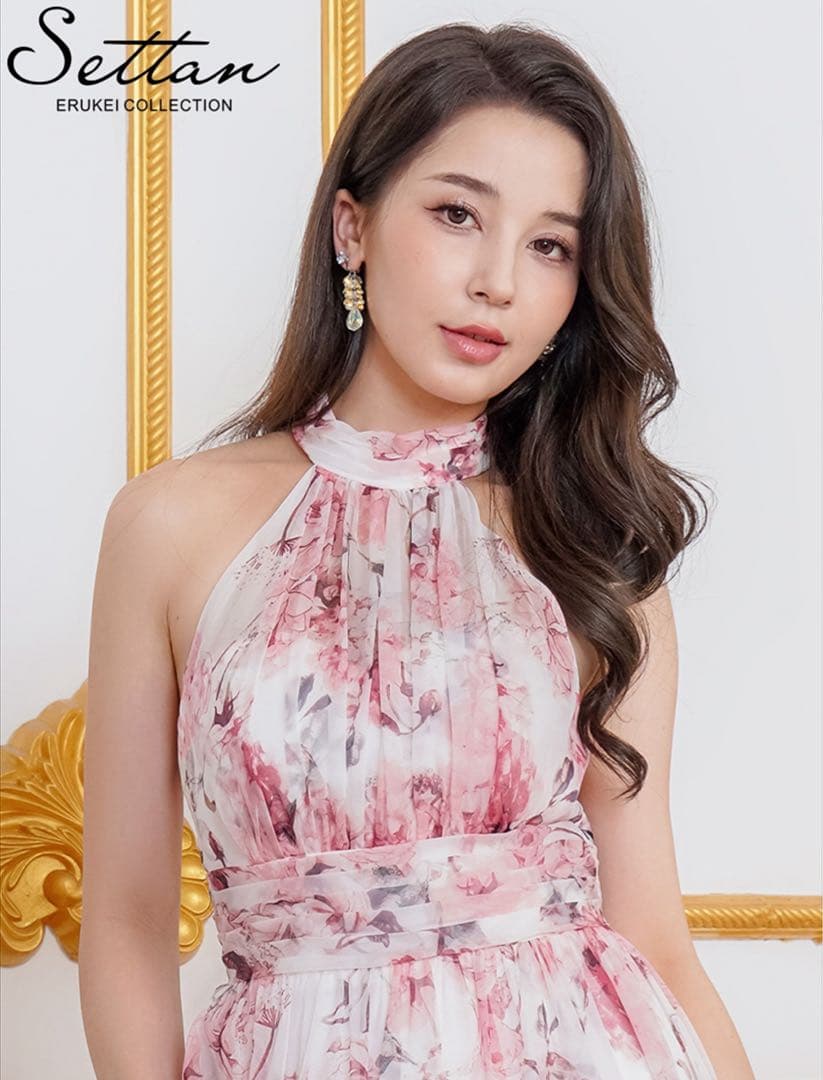 SALE❣️銀座クチュール　ピンク×ホワイト・花柄スリットロングドレス