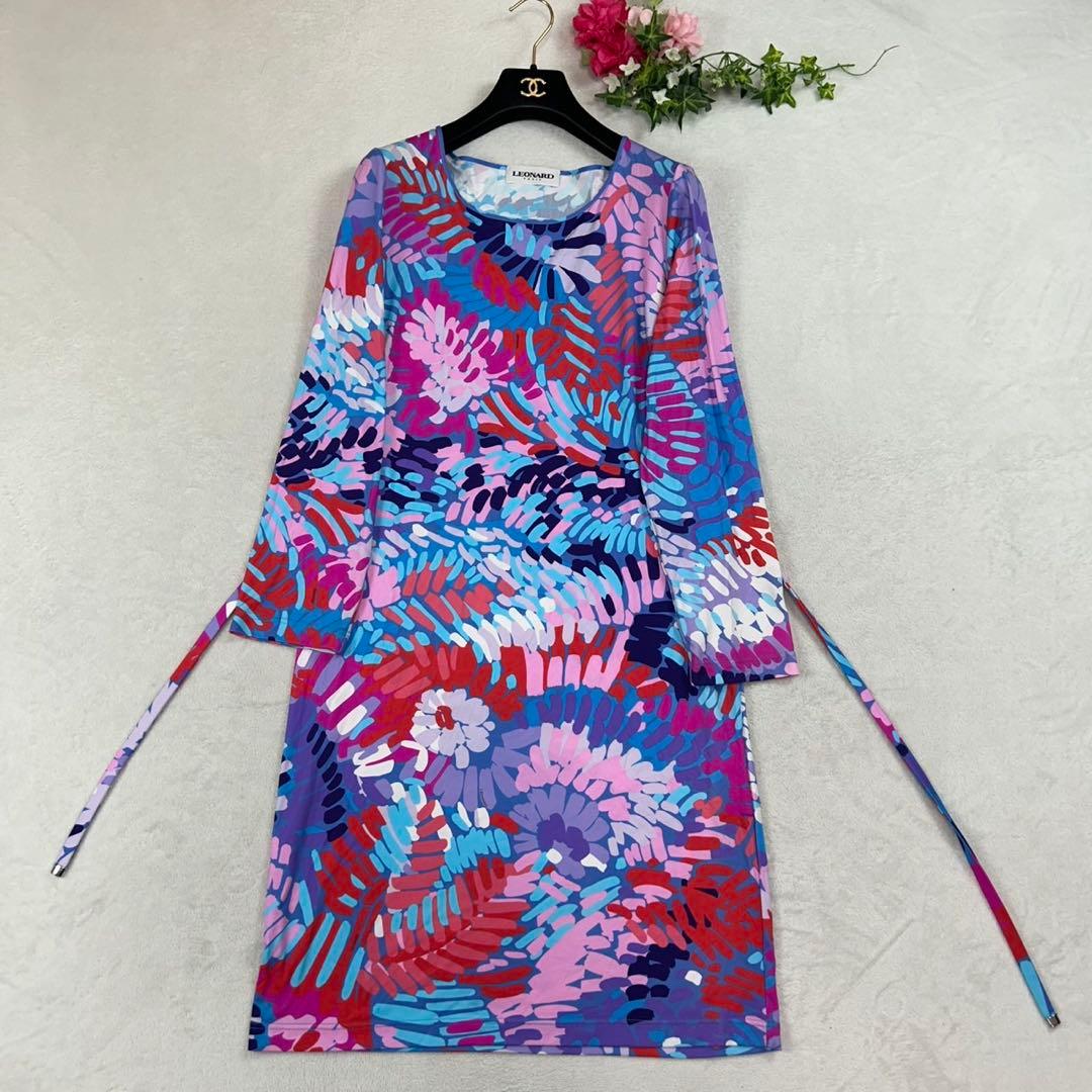 K552 新品未使用 L レオナール 総柄 ひざ丈ワンピース ブルー レディース