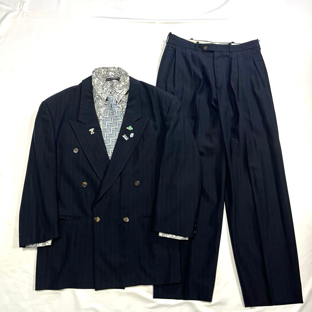 【vintage】セットアップ　スーツ　ダブル　ストライプ　ピンズ　90s