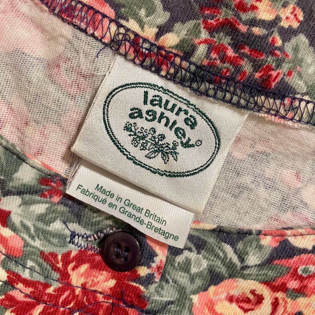 Laura Ashley ネイビーベース 薔薇柄 コットンニットソーワンピース