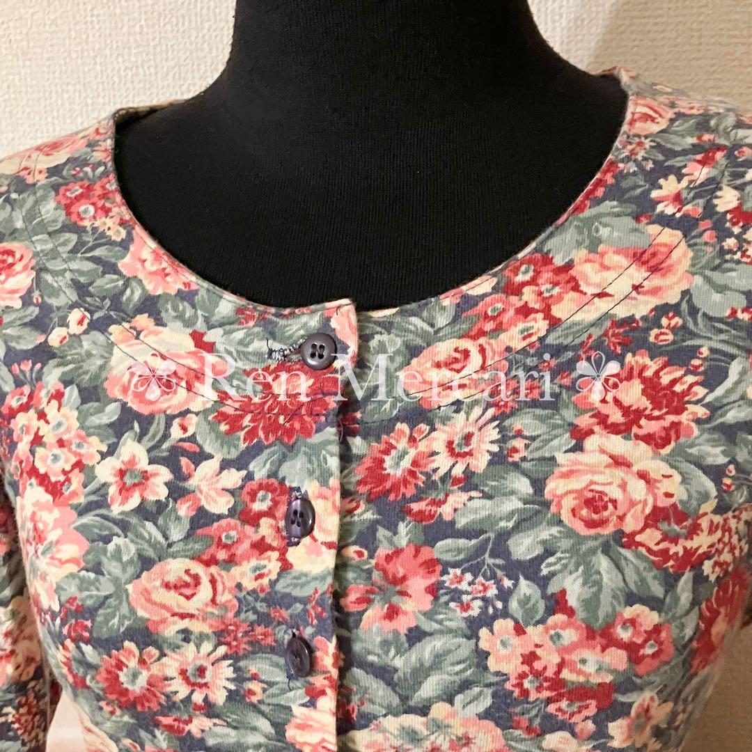 Laura Ashley ネイビーベース 薔薇柄 コットンニットソーワンピース