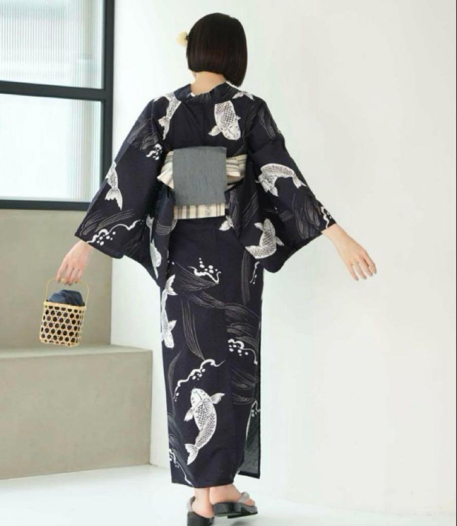 に*ん様 浴衣3点セット ニコアンティーク　ウタタネ　高級変わり織 紺地に鯉　ネ