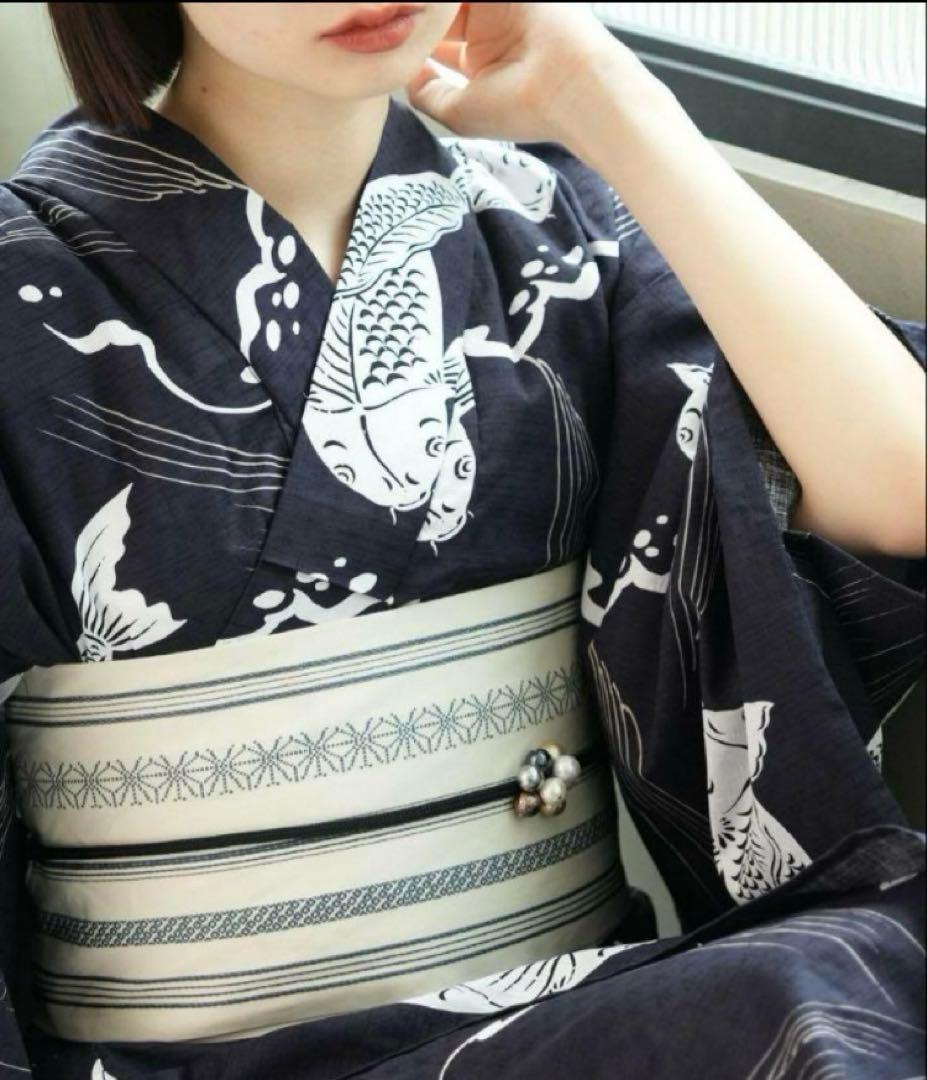 に*ん様 浴衣3点セット ニコアンティーク　ウタタネ　高級変わり織 紺地に鯉　ネ