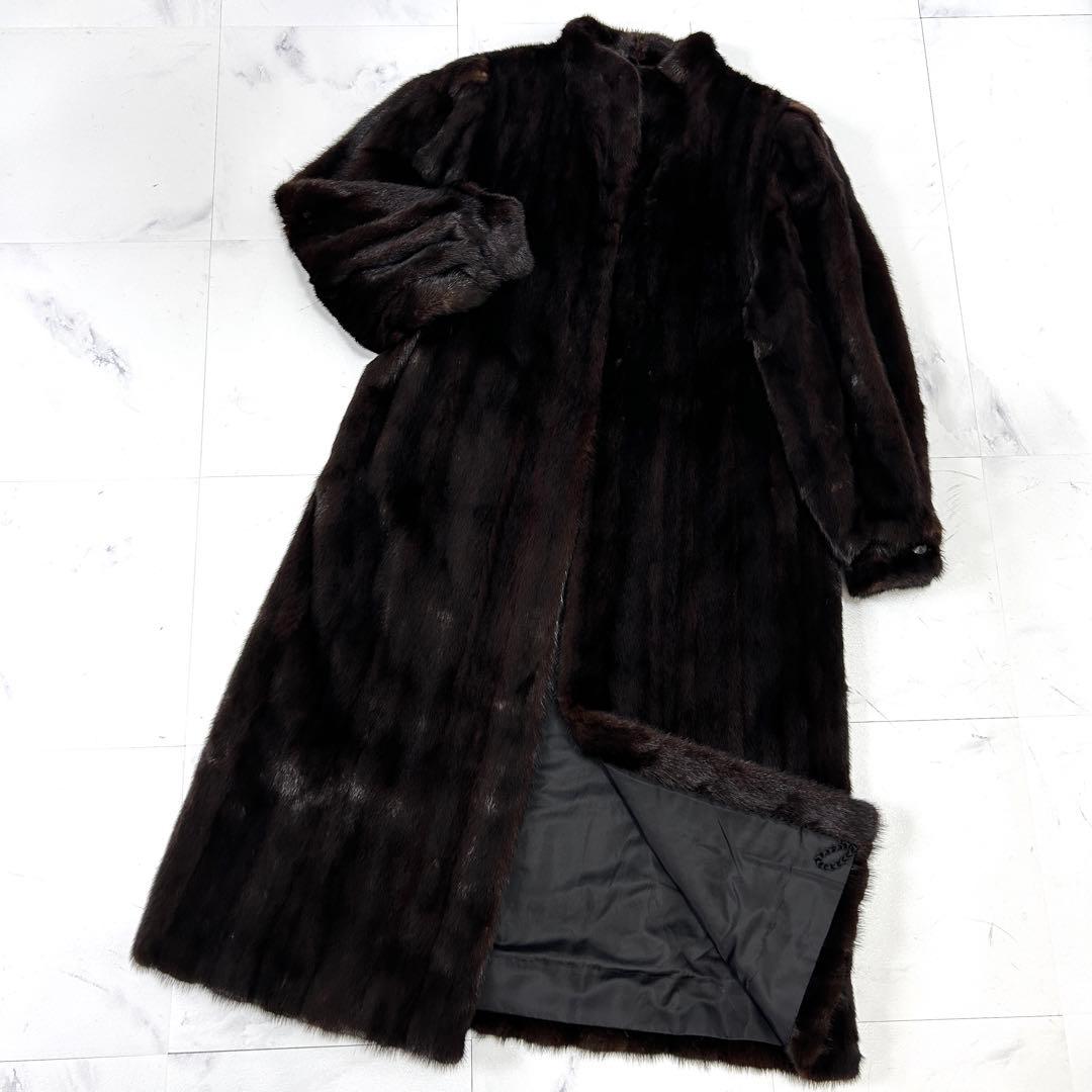 高級 着丈115cm ブラックミンク 毛皮 ロングコート 艶あり レディース