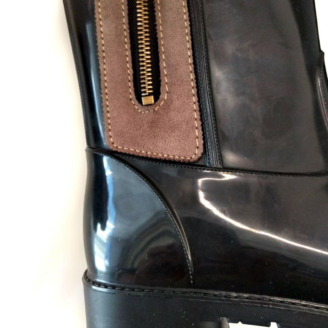 ◆げんこつ◆　イタリア製　ブラックロングレインブーツ　モカライン