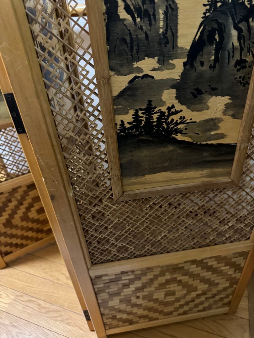 昭和レトロ 木竹製格子型屏風 日本画 春夏秋冬草花 4枚 パーテーション 衝立