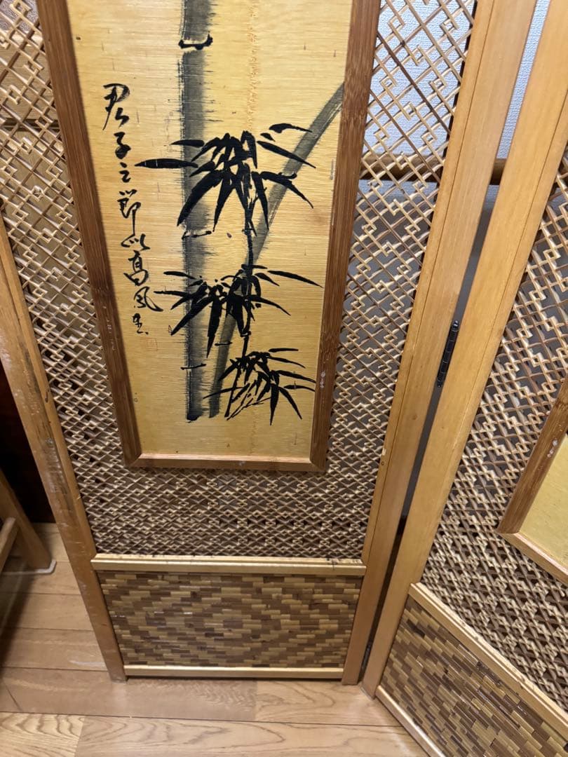 昭和レトロ 木竹製格子型屏風 日本画 春夏秋冬草花 4枚 パーテーション 衝立