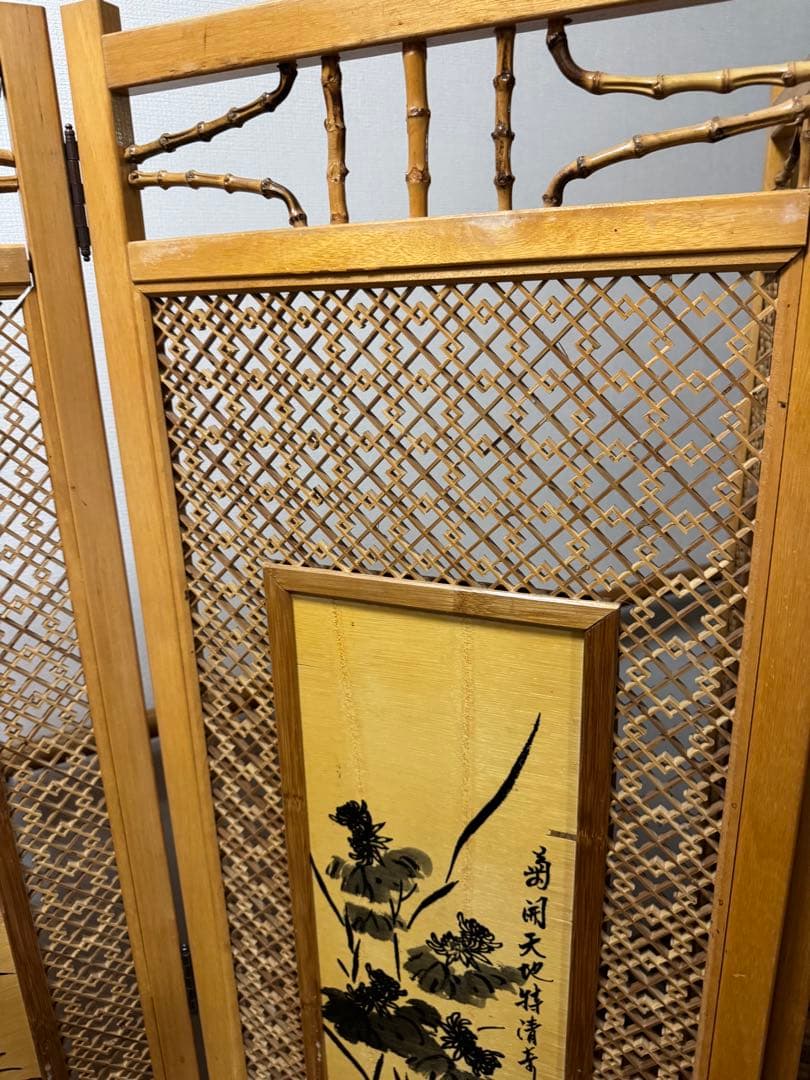 昭和レトロ 木竹製格子型屏風 日本画 春夏秋冬草花 4枚 パーテーション 衝立