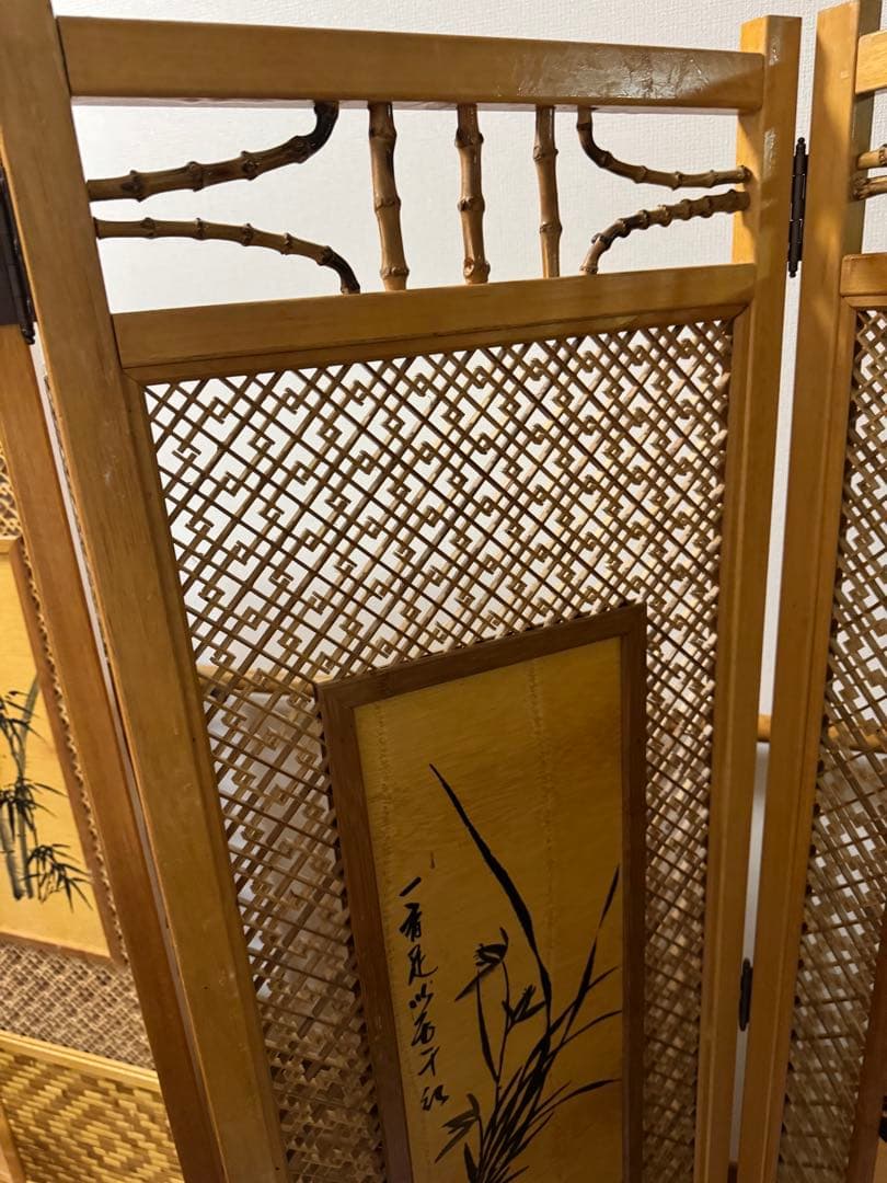 昭和レトロ 木竹製格子型屏風 日本画 春夏秋冬草花 4枚 パーテーション 衝立