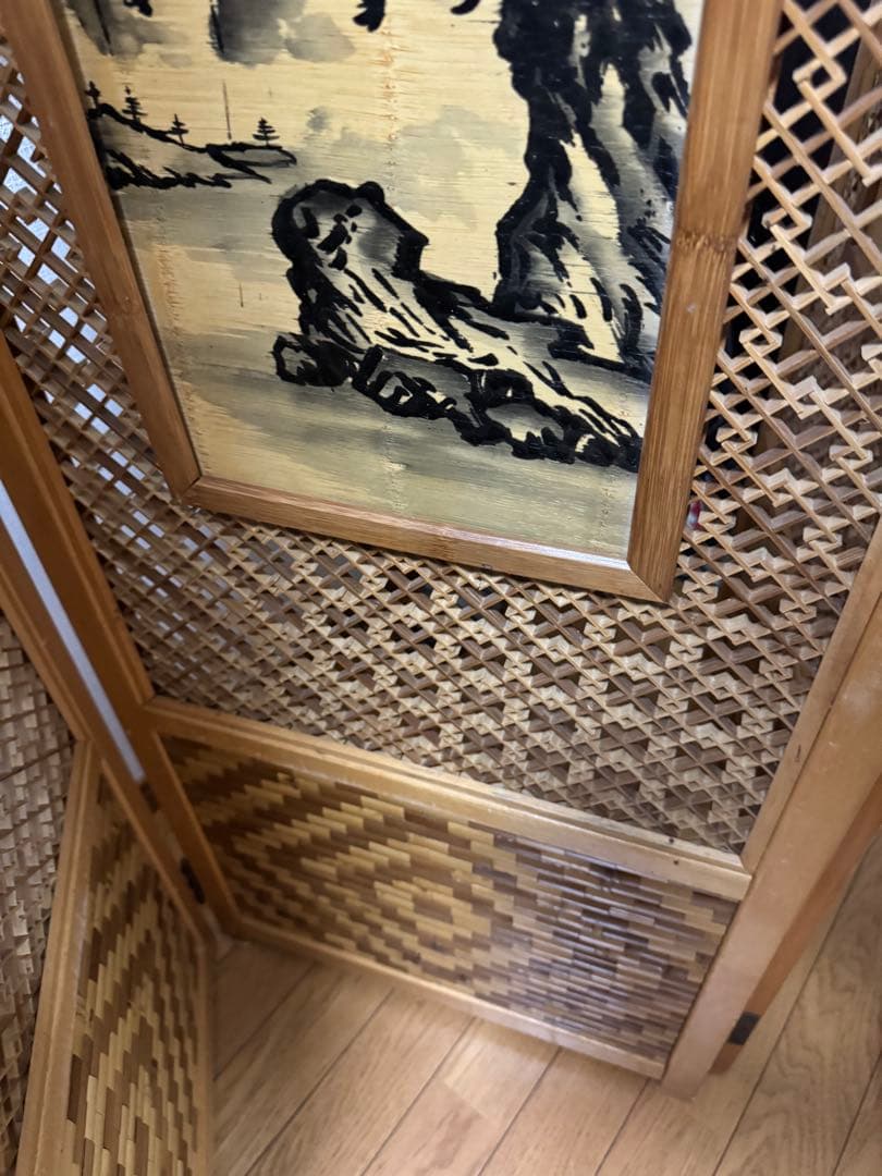 昭和レトロ 木竹製格子型屏風 日本画 春夏秋冬草花 4枚 パーテーション 衝立