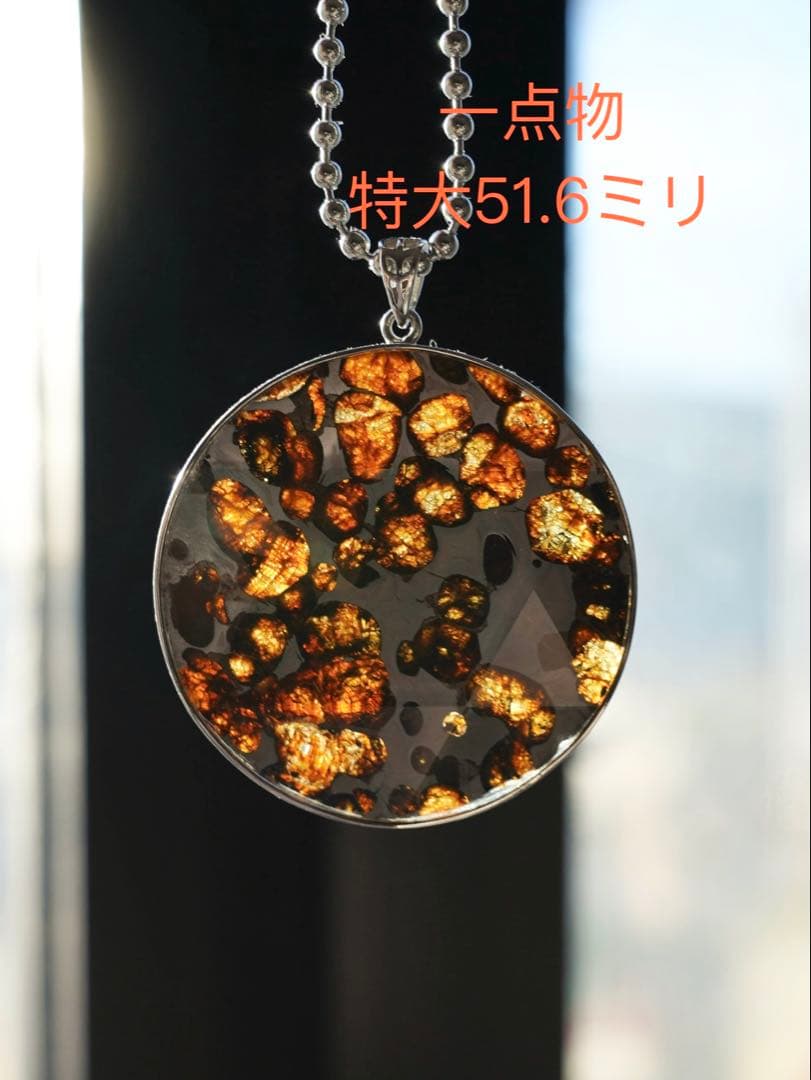 【一点物・特大51.6mm】セリコ産　パラサイト隕石 黄金オリビン ペンダント