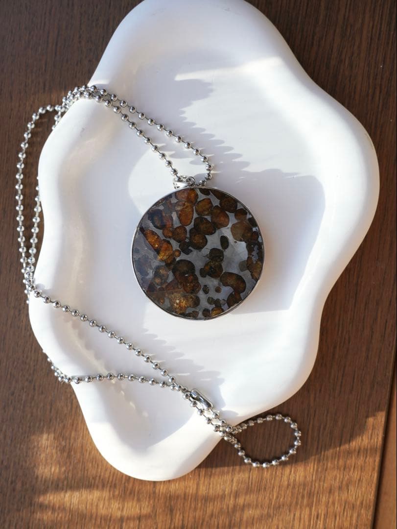 【一点物・特大51.6mm】セリコ産　パラサイト隕石 黄金オリビン ペンダント