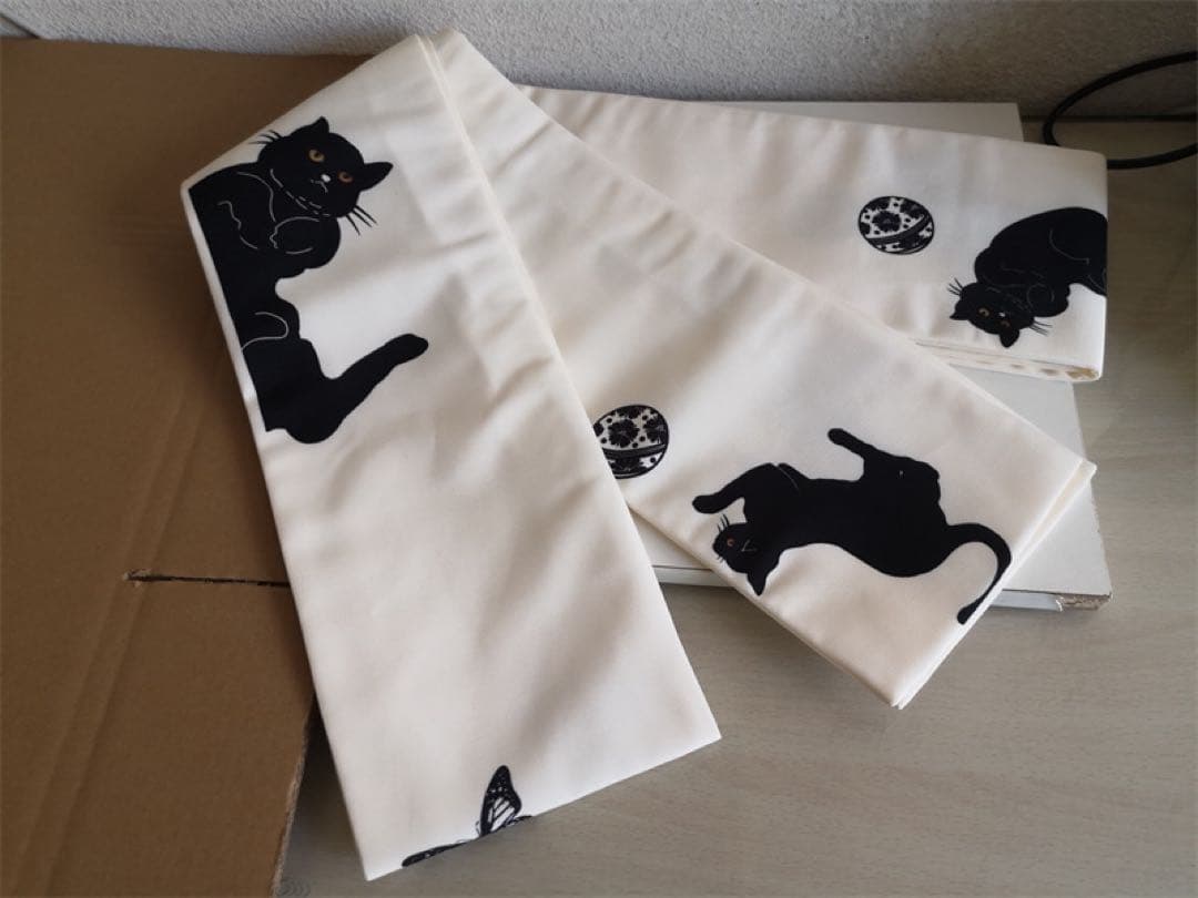 猫柄 半幅帯 白
