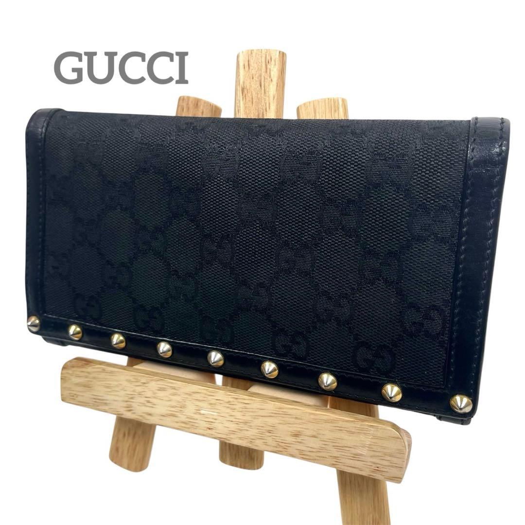 グッチ　長財布　スタッズ　GGキャンバス　総柄　ロゴ型押し　レザー　ブラック