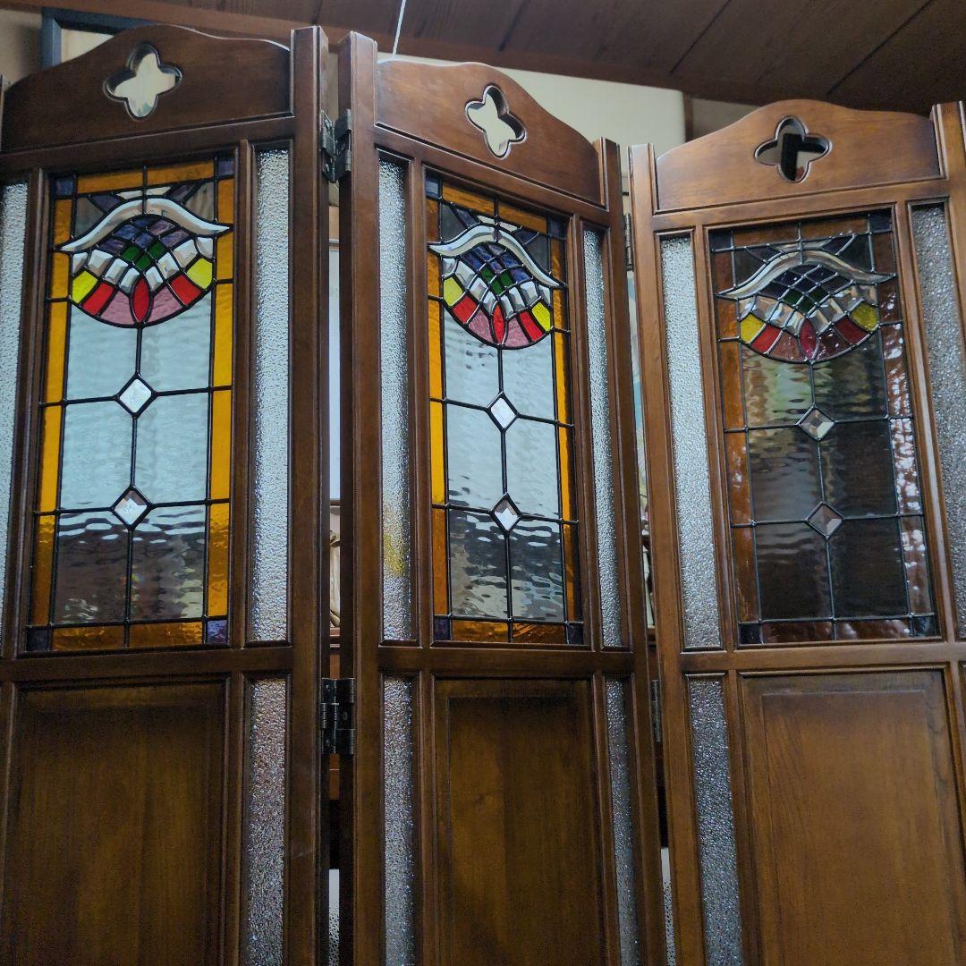ステンドグラス 木製パーテーション 三つ折り