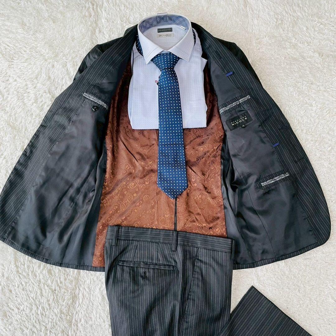 美品　ニコル　スーツ　セットアップ　グレー　48　裏地ペイズリー　ストライプ