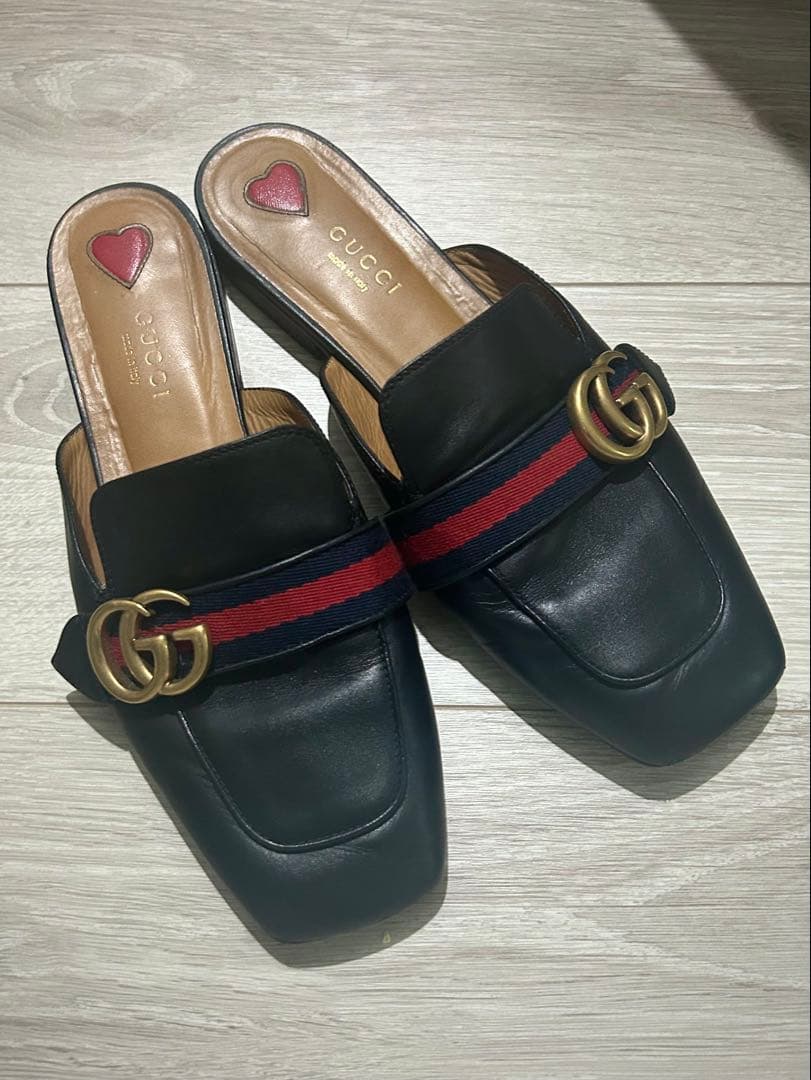 グッチ プリンスタウン スリッパ ミュール 38 シェリーライン ダブルG 黒