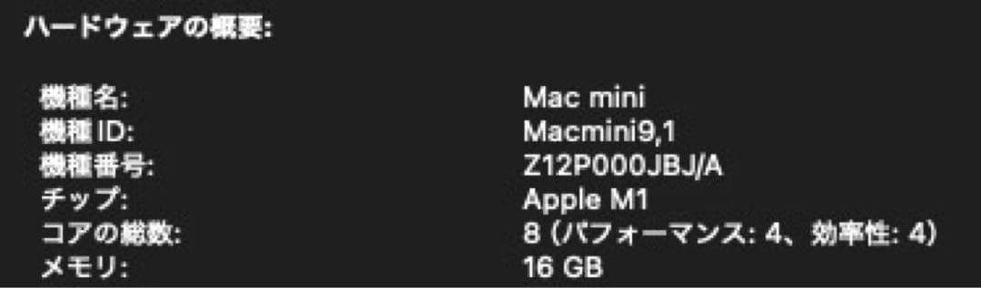 Mac mini M1 2020 8コア/16GBメモリ/512GBストレージ