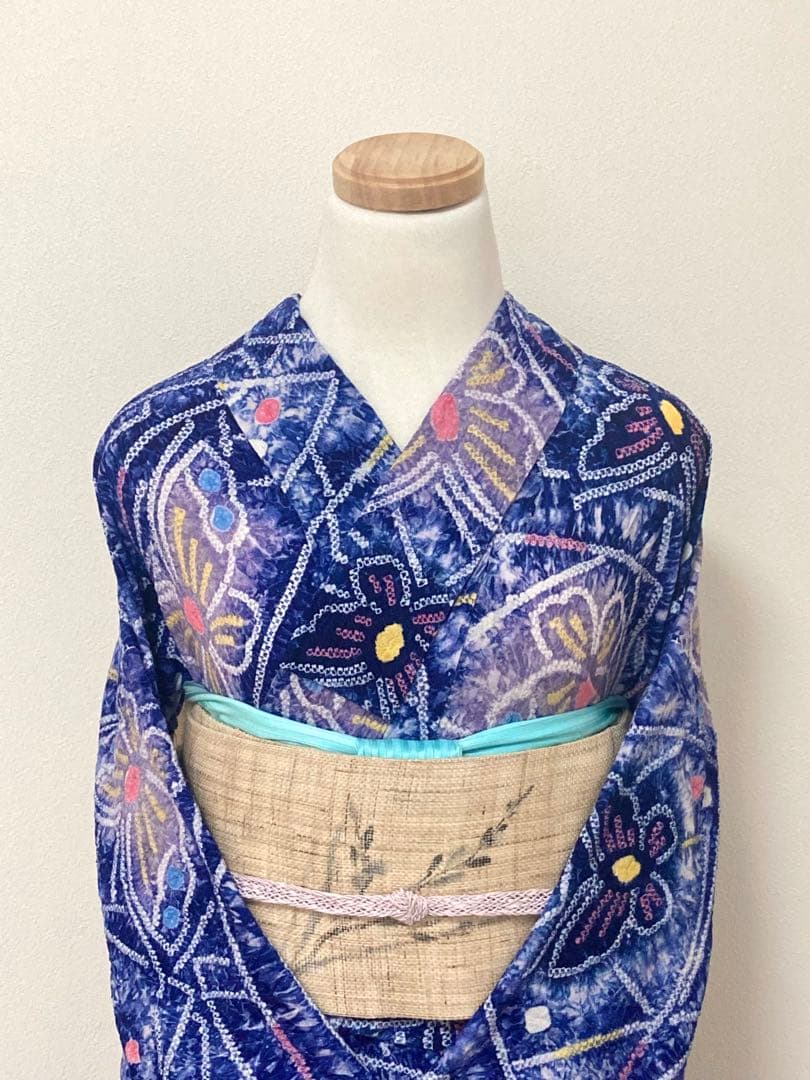 浴衣　有松鳴海絞り　蝶と幾何学　裄66.5cm