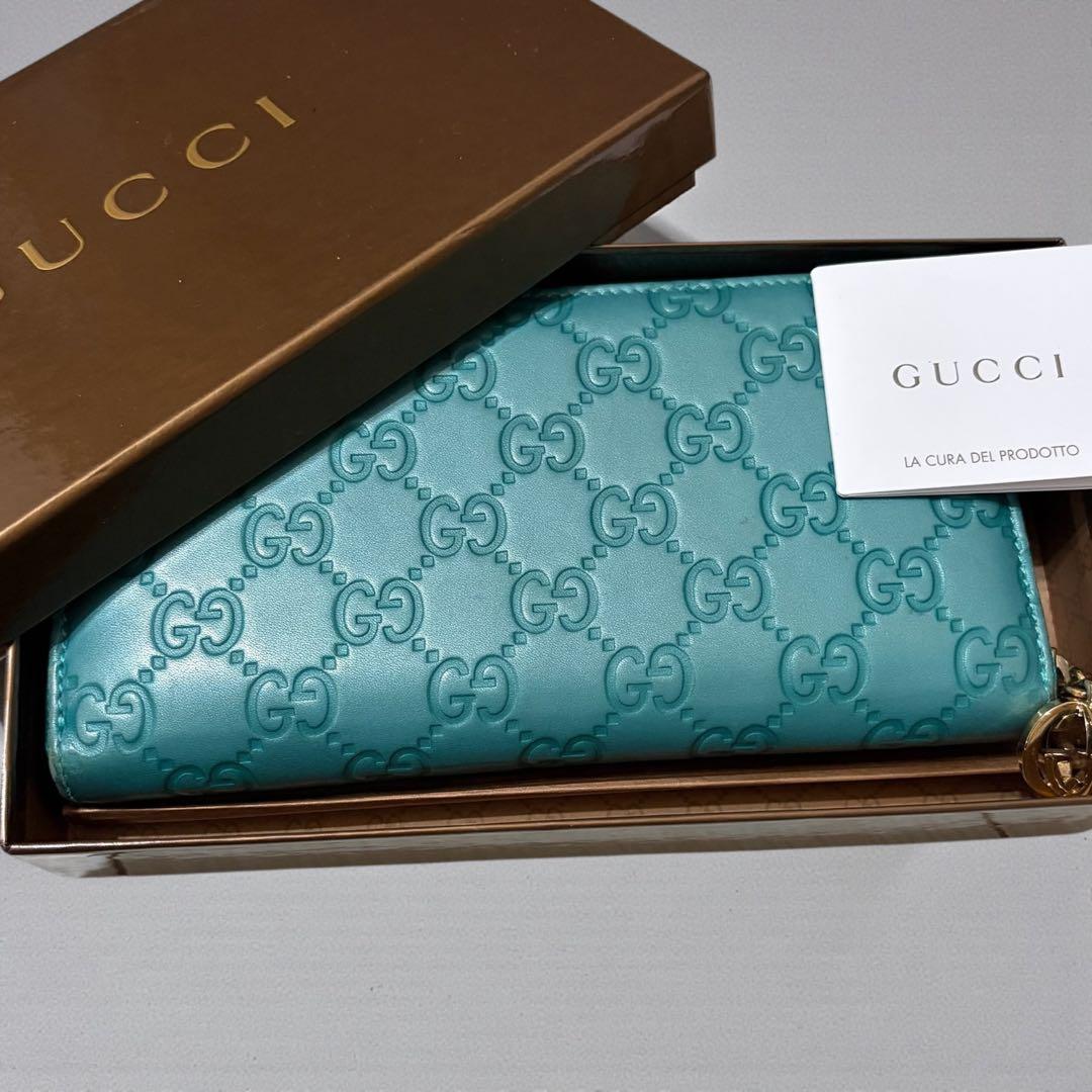 GUCCI グッチシマ GG型押し ターコイズ ラウンドファスナー 長財布 箱付