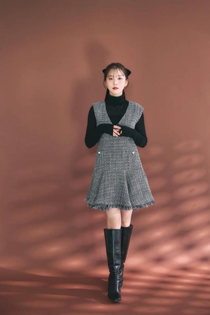 polaura ポローラ クラシカルツイードフレアミニワンピース