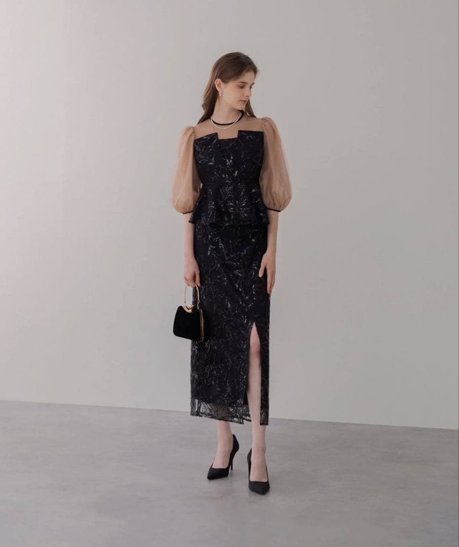 シアーパフスリーブペプラムスパンコール花柄セットアップドレス結婚式パーティー