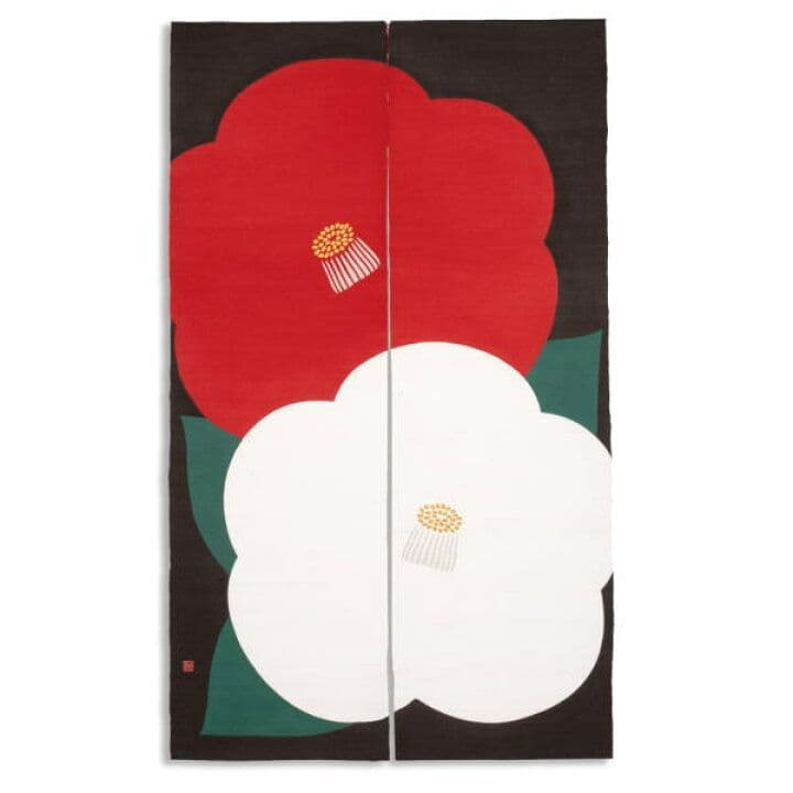 京都洛柿庵 手描きろうけつ染めのれん 紅白椿 手染め 迎春飾り