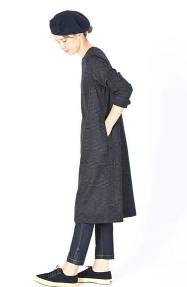 45R☆ブリティッシュウールツイードチェックのストレッチドレス/チャコール♪