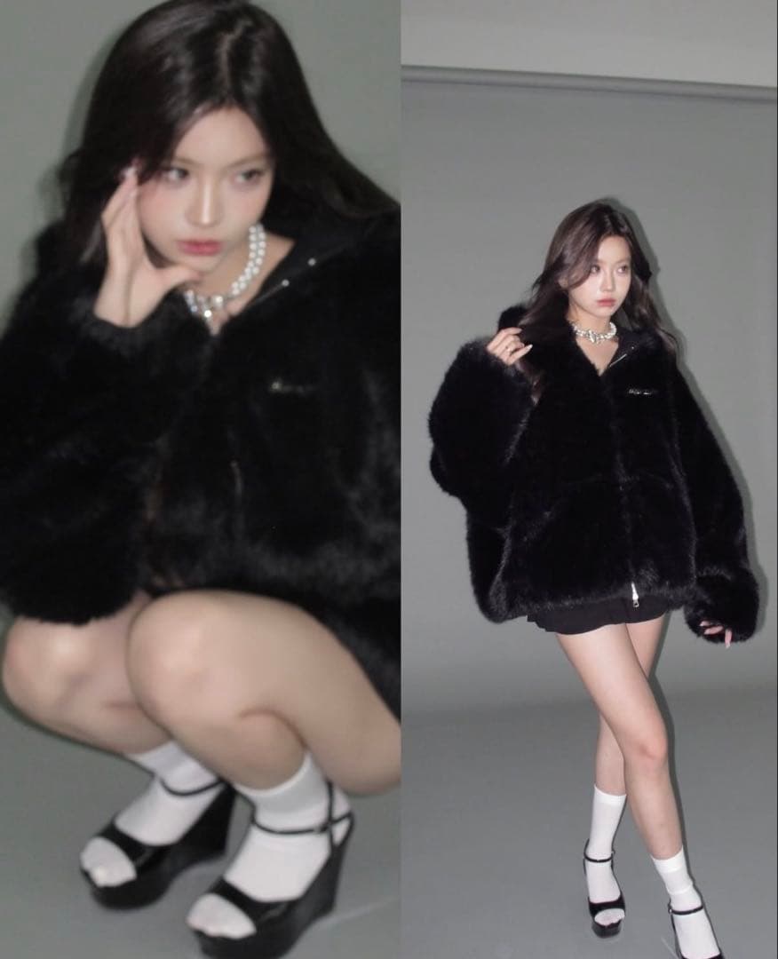 トップス andwang kirakira 2way fur zipup Black