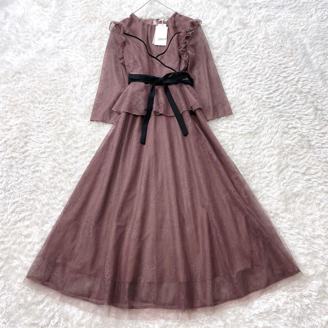 新品✨Leja レース花柄レイヤード配色フレアバックリボンロングワンピースドレス