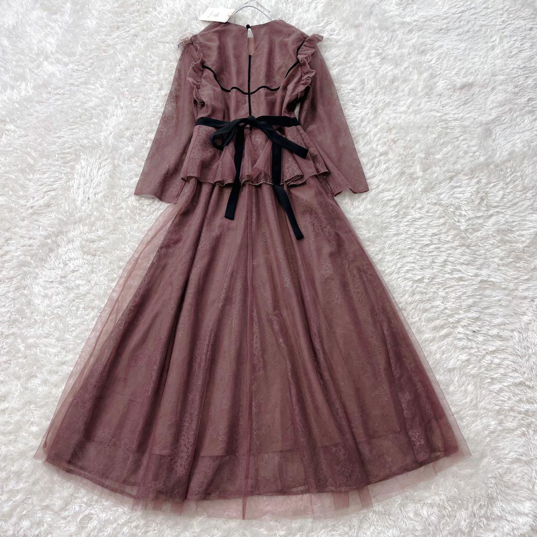 新品✨Leja レース花柄レイヤード配色フレアバックリボンロングワンピースドレス